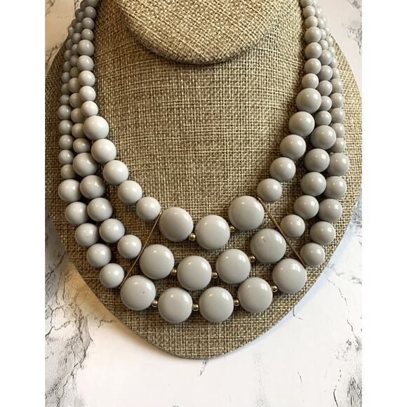 Modernist Necklace Grey 3 Strand 80s Graduated Geometric Statement Bib- - Picture 1 of 6